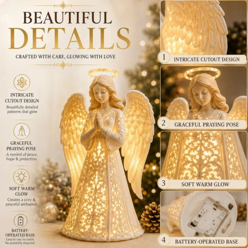 Lighted Angel Resin Praying Angel Figurine with Warm LED Light,Tabletop Decoration, Holiday Religious Gift for Home Mantel Decor