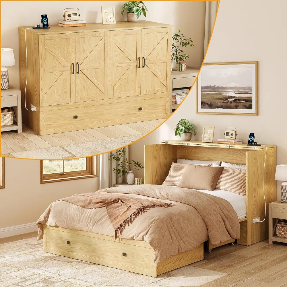 

Bed Queen with Storage & Charging Station, Murphy Cabinet with Foldable Panel, Noisy Free, for Guest Bedroom