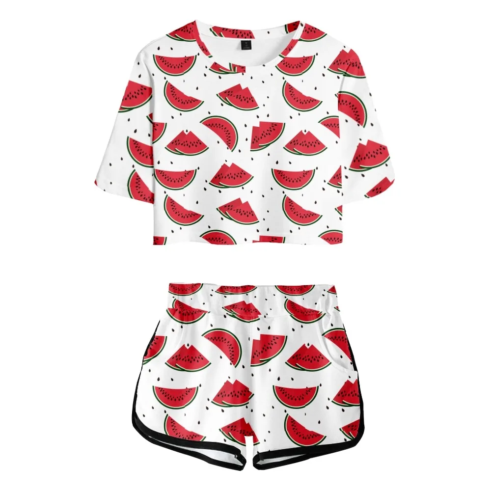 Camiseta de manga corta para hombre y mujer, pijama informal de dos piezas con estampado de fruta, ombligo corto