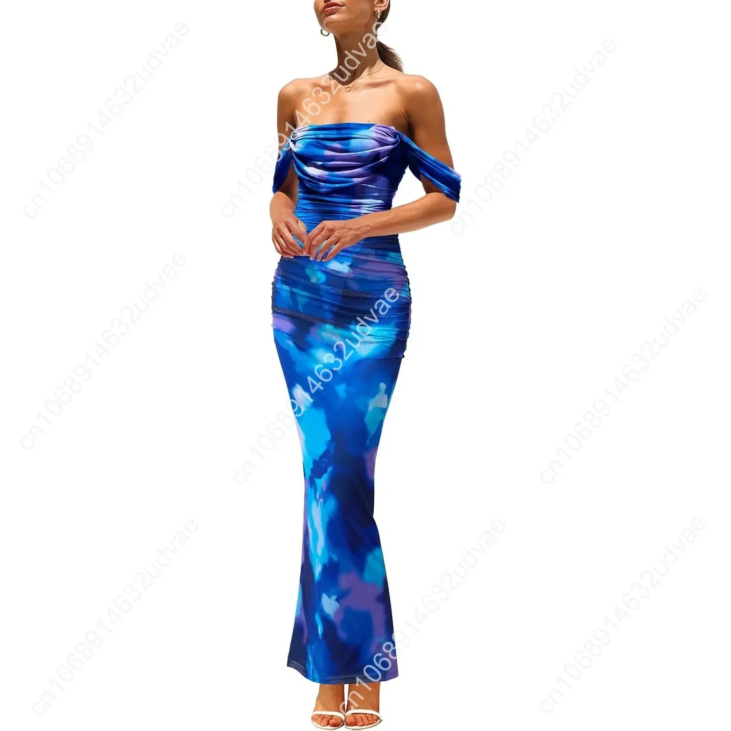 

Women's Ruched Bodycon Maxi Dress 2025 Summer Off Shoulder Floral Mesh Cocktail Party Fitted Dresses