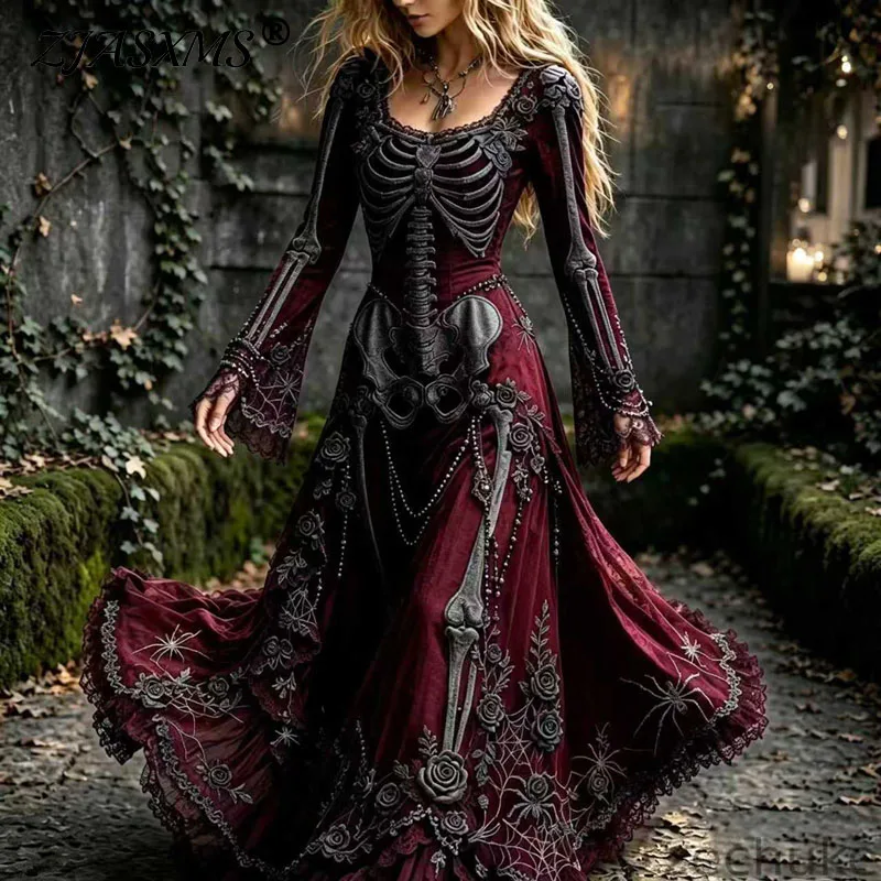Halloween-Skelett-Maxikleider für Damen, Quadratischer Ausschnitt, Ausgestellte Lange Ärmel, Spitzensaum, Langes Kleid, Day Of The Dead Cosplay Karnevalskleider