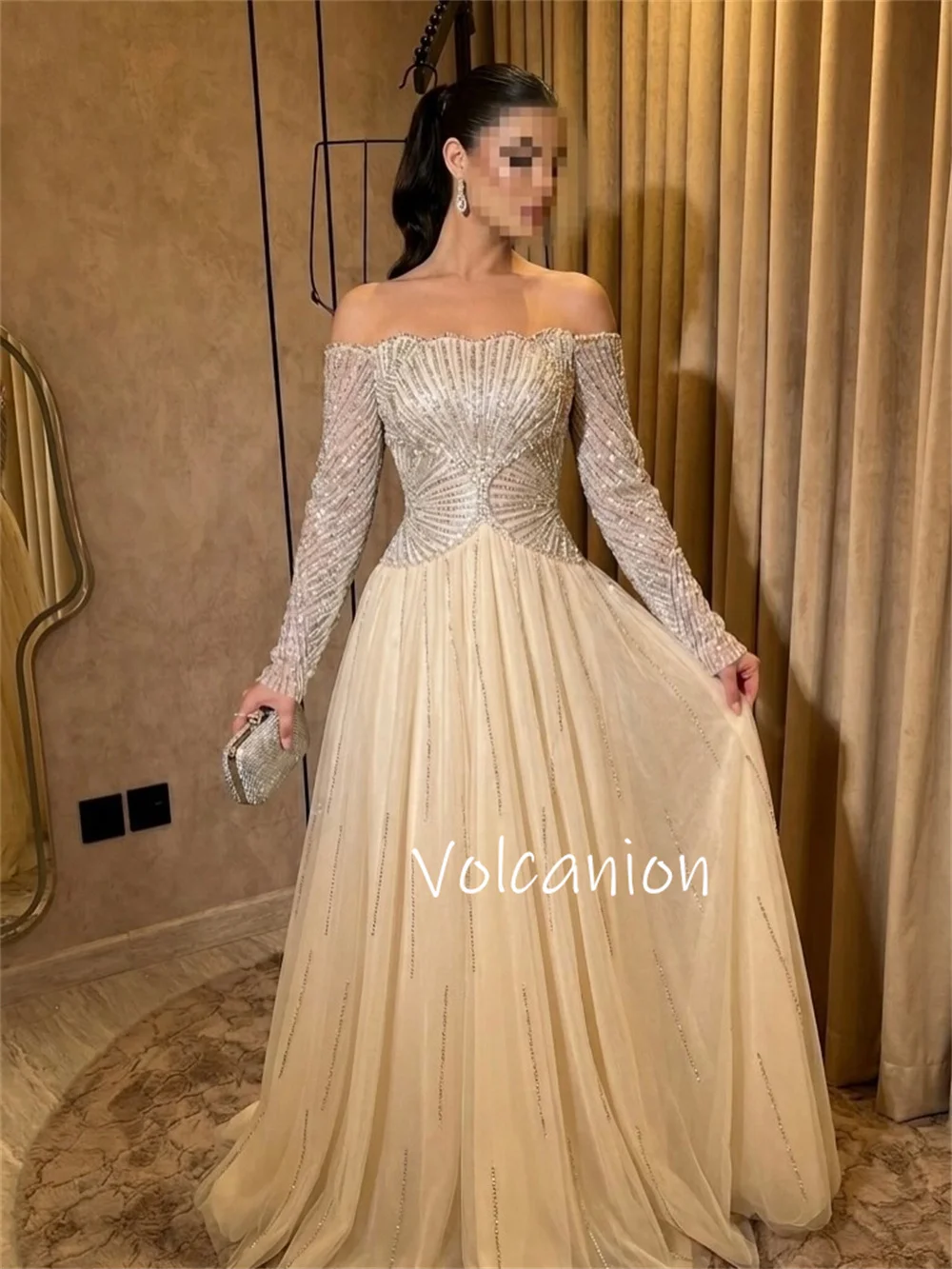 Customized Exquisite Net Pleat Sequined A-line Off-the-shoulder Long Bespoke Occasion Prom Dresses Classic