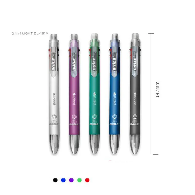 6-In-1 Multi-Color Ballpoint Pen, Including 5-Color Ballpoint Pen 1 Automatic Pencil Top Eraser For Marking Office Stationery