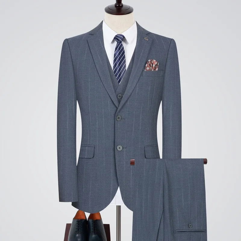 (145) Customized Men’s Korean Style Slim-fitting Striped Suit Professional Wedding Groomsmen Dress