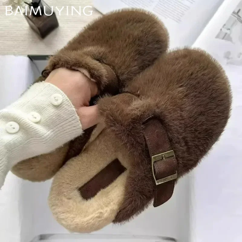 Fluffy Slippers Women Fur Warm Flats Cotton Shoes Woman 2025 Trend Winter Short Plush Mules Shoes Brand Casual Snow Botas Mujer