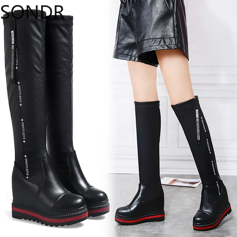 Womens Punk Over Knee High Thigh Boots Hidden Wedge Heels Stretchy Platform Shoes Black Zipper Warm Winter