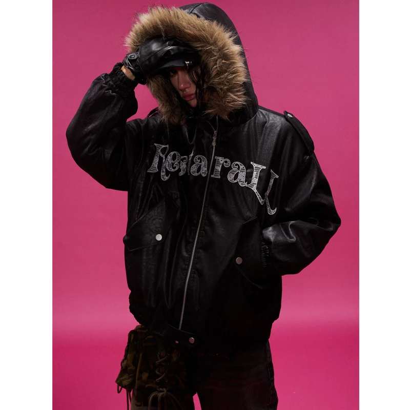 Vintage Pu Leather Jacket Fur Collar Thick Warm Parkas Jacket 2024 Winter Letter Embroidered Jacket Coats Hip Hop Streetwear