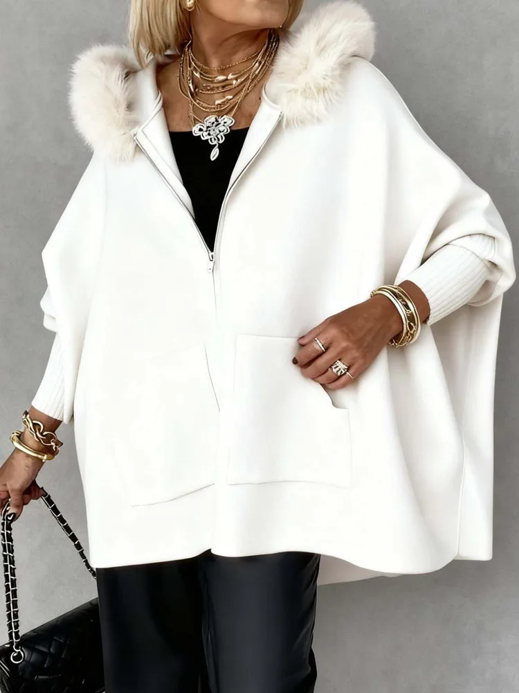 가을 겨울 신상 여성 시크 출퇴근 아우터 패션 퍼 후드 롱 슬리브 가디건 우아한 여성 단색 루즈 코트