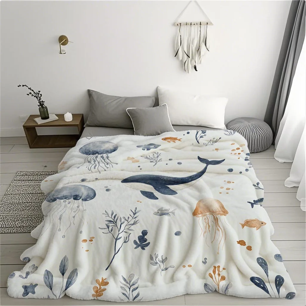 A Stylish and Minimalist Whale and Jellyfish Print Flannel Blanket, Double-sided and Washable. Suitable for Beds, Sofas, Office