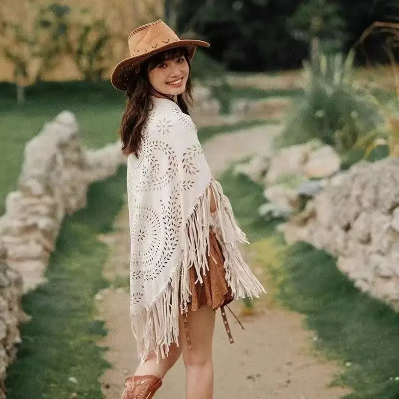 Hand-Knitted Fringe Shawl Bohemian Lace Pattern Crochet Wrap for Outdoor Travel Beach Vacation Versatile Clothing Accessories
