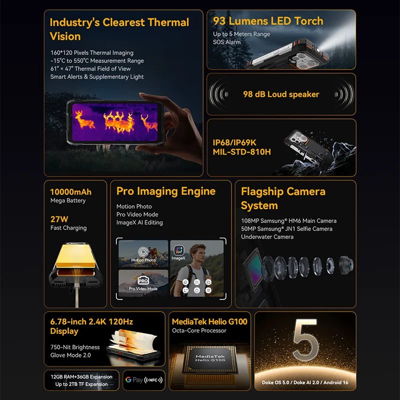 New Blackview Oscal Pilot 6 Rugged Phone 6.78-inch 2.4K 120Hz Display Thermal imaging 4.5W 98dB Speaker 10000mAh Cellphone