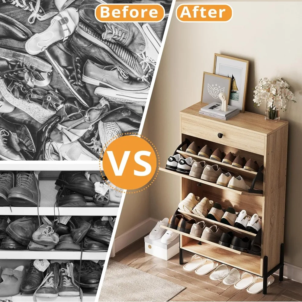 Shoe Cabinet with 2 Flip Drawers, Shoe Storage Cabinet for Entryway, Free Standing Shoe Storage Organizer with Rattan Doors Sli