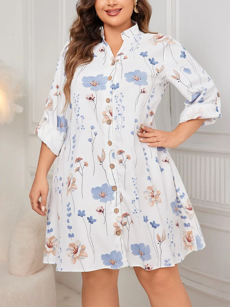 GIBSIE Plus Size Floral Print Button Women Shirt Dress Wiosna i jesień Długi rękaw Luźne Casualowe Mini Sukienki A-line 2024 Nowość