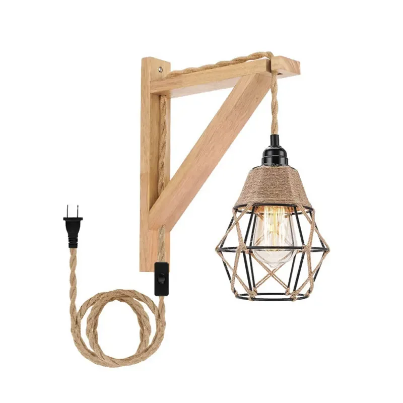 Plug In Wall Lamp American Country Style Solid Wood Hemp Rope Wall Lamps Retro Restaurant Aisle Bedroom Coffee Shop Wall Lights