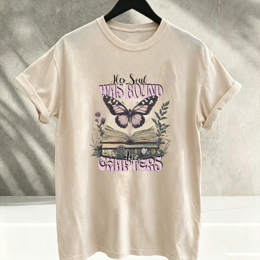 Bookish Her Soul Was Bound in Chapters Book Lover Sublimation Butterfly Floral Clipart  Aesthetic Reading Graphic Tee Cotton Top
