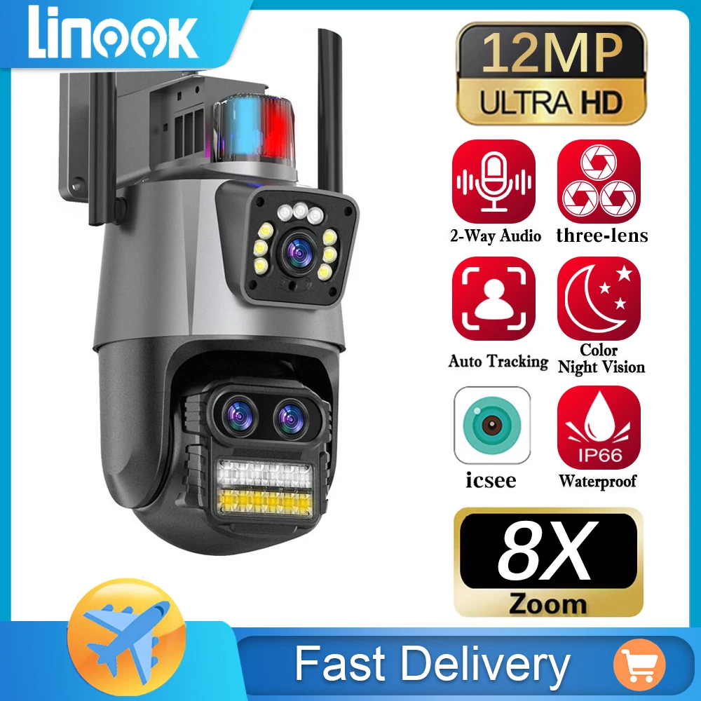 

Linook,ICSEE triple lens,12MP ultra high definition camera,CCTV 360 rotating infrared night vision,WIFI wireless connection