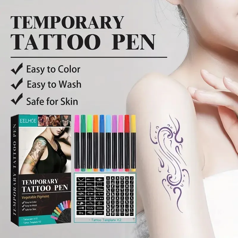 Temporary Tattoo Pen Set, Multi-Color, Temporary Tattoo Kit for Face and Arms, DIY Makeup, Graffiti Decoration Tattoo,Easy Apply