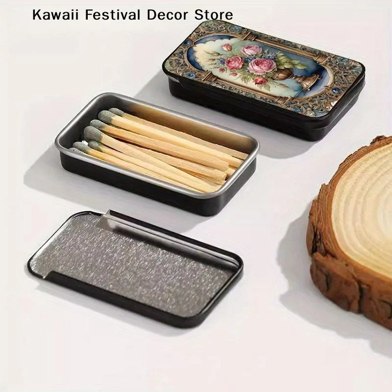 【K】Black Gold Rose Heart-Shaped Retro Printed Fire Wood Box Does Not Include Matches Supports Cotton Swab/Coin/Accessory Storage