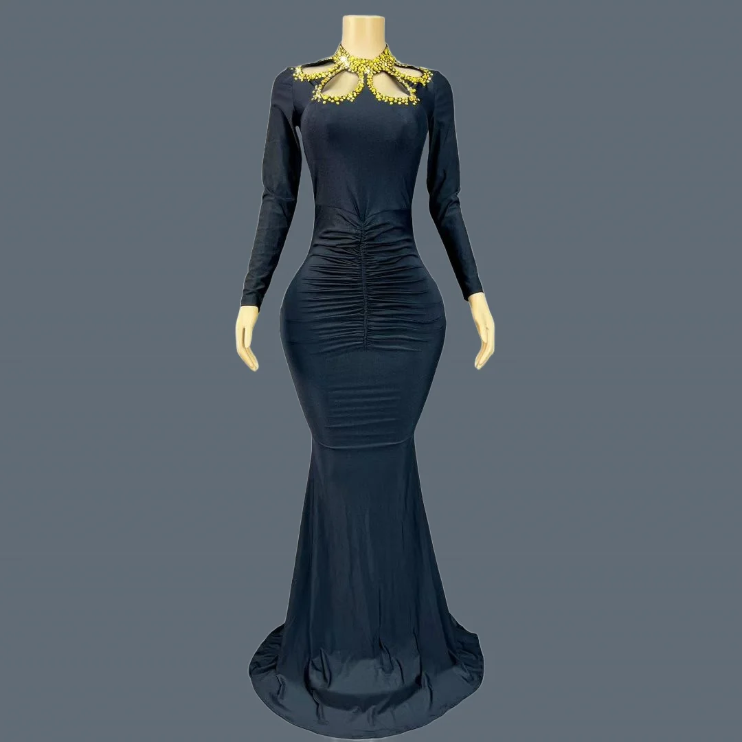 

Sexy Long Sleeved Evening Dress Crystal Embellished Ball Gown Luxury Black Bandage Wedding Guest Gown Elegant High-end Heiruyi