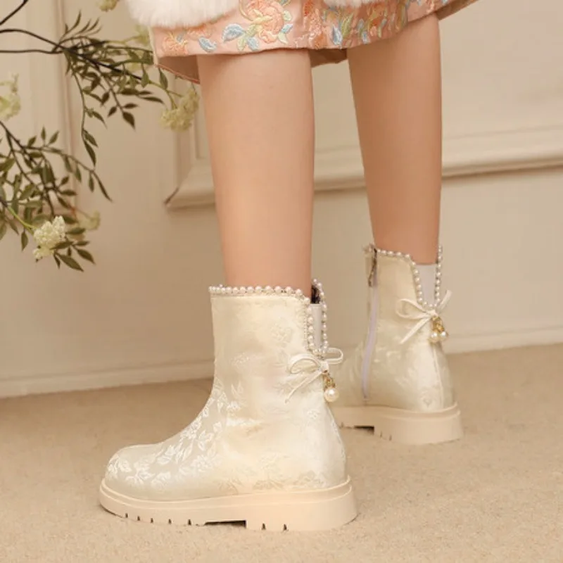 أحذية نسائية قصيرة مطرزة أحذية قطنية بمقدمة مستديرة ملابس يومية نعل مطاطي شتوي نمط زهور نمط عرقي نسائي #2