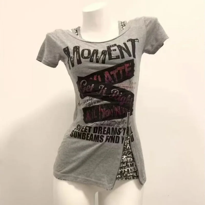 

Women's Hottie T Shirt American Subculture Graphic Print T-shirts Retro Harajuku Stitching Design Tees Female Slim Fake Two Tops