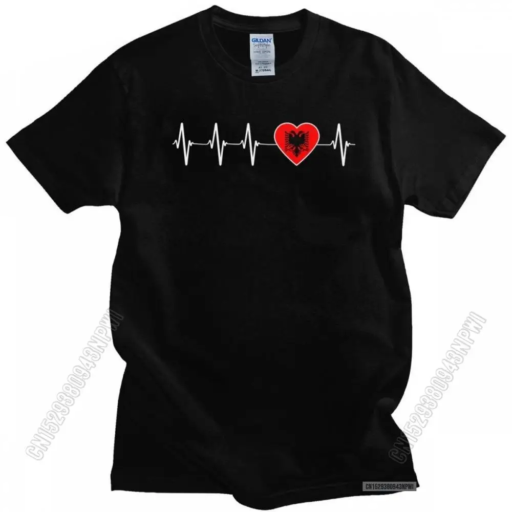 Unique Mens Albanian Heartbeat Albania Flag T Shirt Cotton Tshirt Printed Tee Tops Slim Fit Uniform Apparel