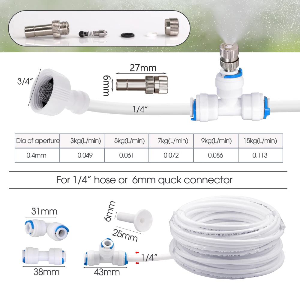 6-21M 0.4mm Nozzle Misting Cooling Kit 60W Water Pump Spray Sprinkler Kit for Greenhouse Summer Automatic Fogger Watering System