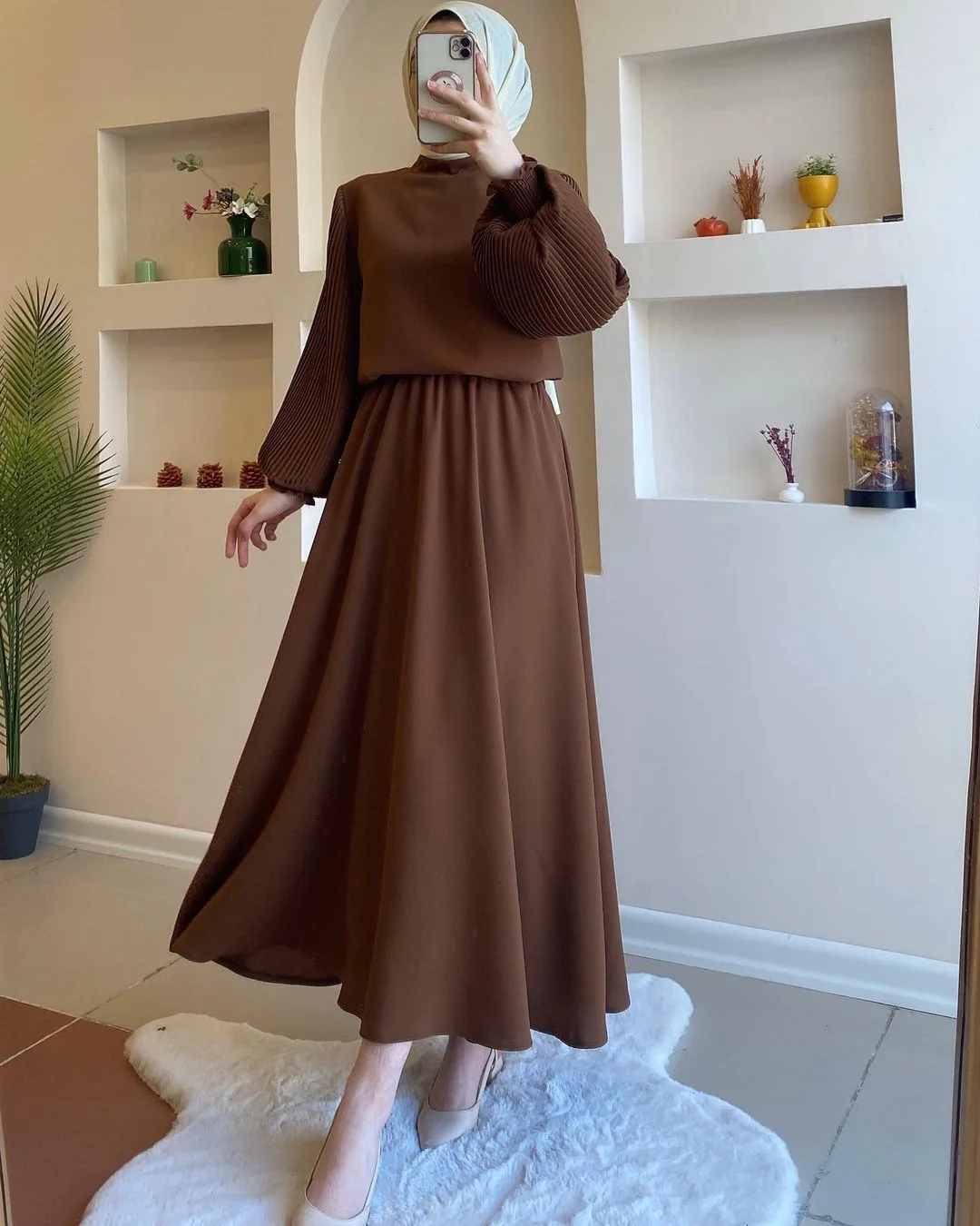 Women Eid Muslim Dresses Dubai Morocco Lantern Sleeve O Neck Party Dress Pleated Solid Loose Casual Long Robe Kaftan Abayas