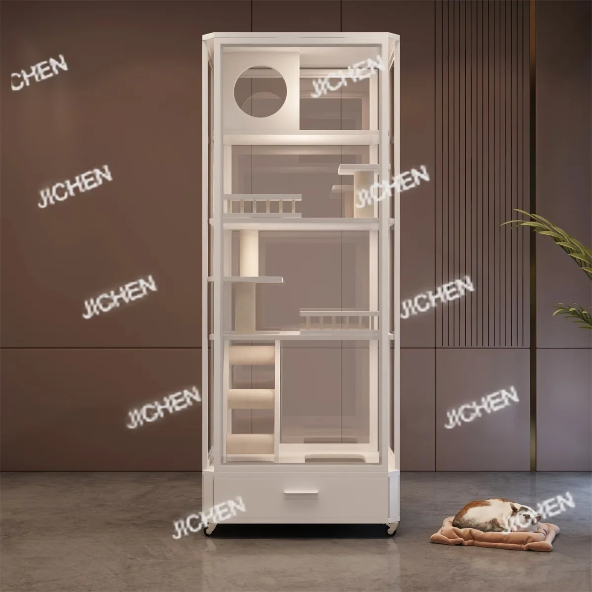 

Панорамный стеклянный домик-вилла для кошек JC, интегрированная клетка-бокс, роскошный домик-гнездо для кошек для использования в помещении