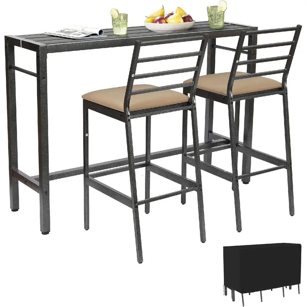 

3-Piece Outdoor High Top Patio Bar Set with Cushioned Stools and Cover, 55 Rectangular Metal Table for Balcony, Deck