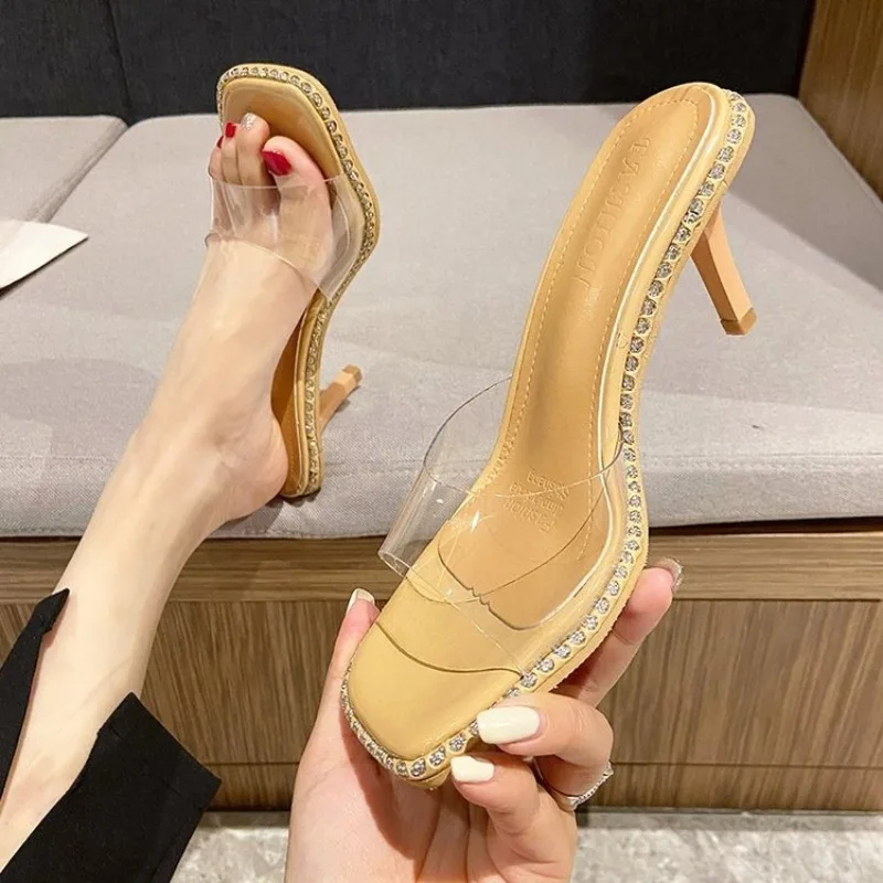 

Тапочки на шпильке с прозрачным ремешком, новые летние нескользящие износостойкие туфли на высоком каблуке с квадратной головкой и открытым носком