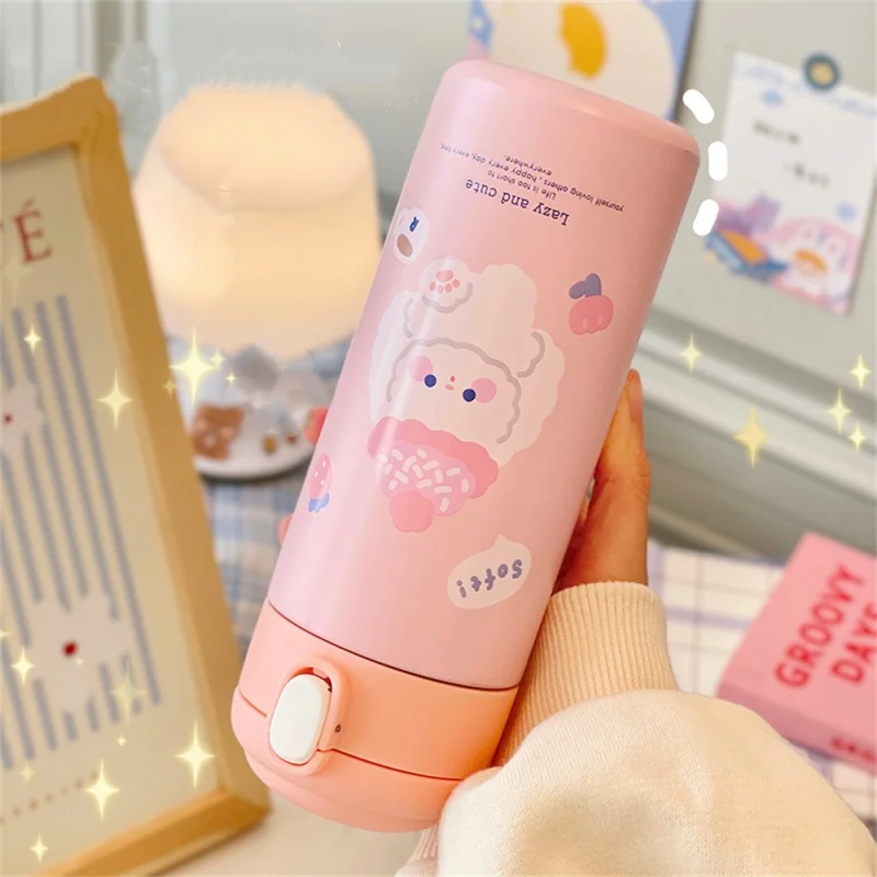 380ML Stainless Steel Thermos Vacuum Flask Cute Cartoon Thermal Water Bottle for Girls Insulated Straw Cups Tumbler Drinkware