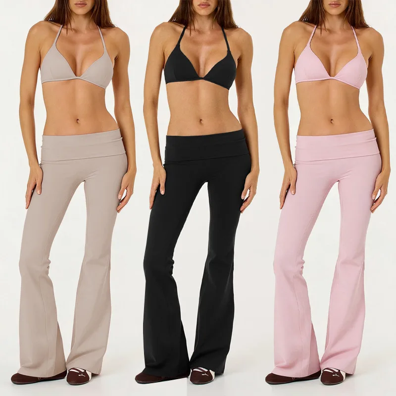 2-Piece gym set Halter Triangle Bikini Top & Fold-Over Low Waist Flare Pants for Casual & Yoga workout clothes for women Y2K