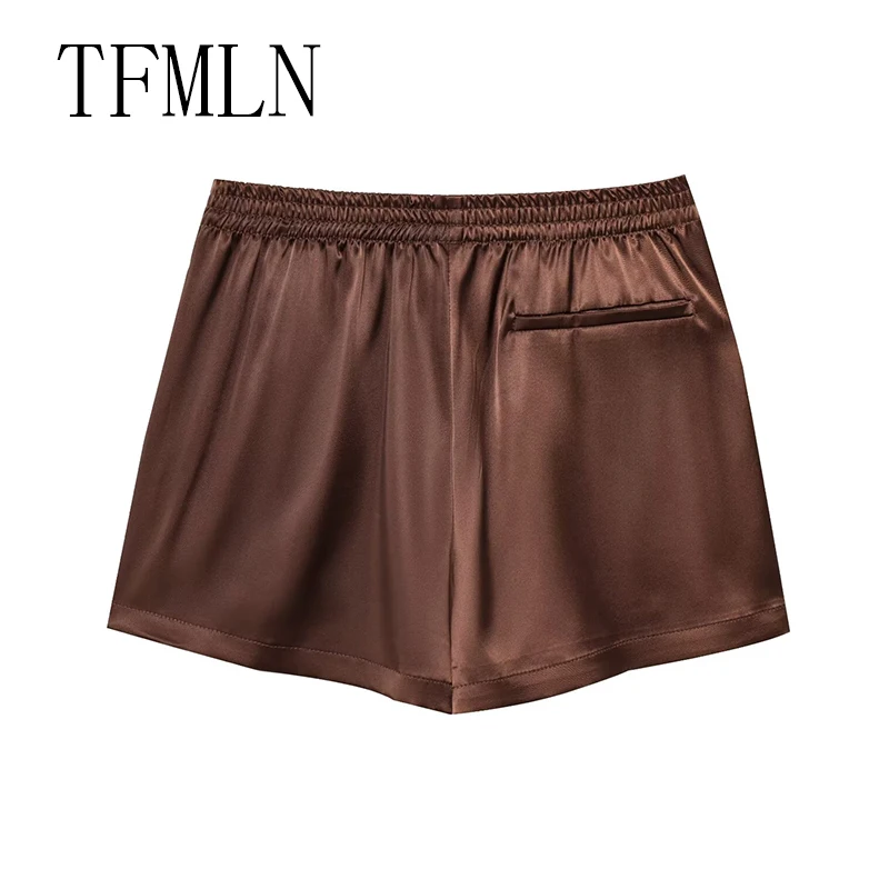 TFMLN 여성 새 여름 실크 레이스 반바지 팬티 모조 프릴 블루머 안티 노출 바지 로리타 새틴 속옷 반바지 드레스