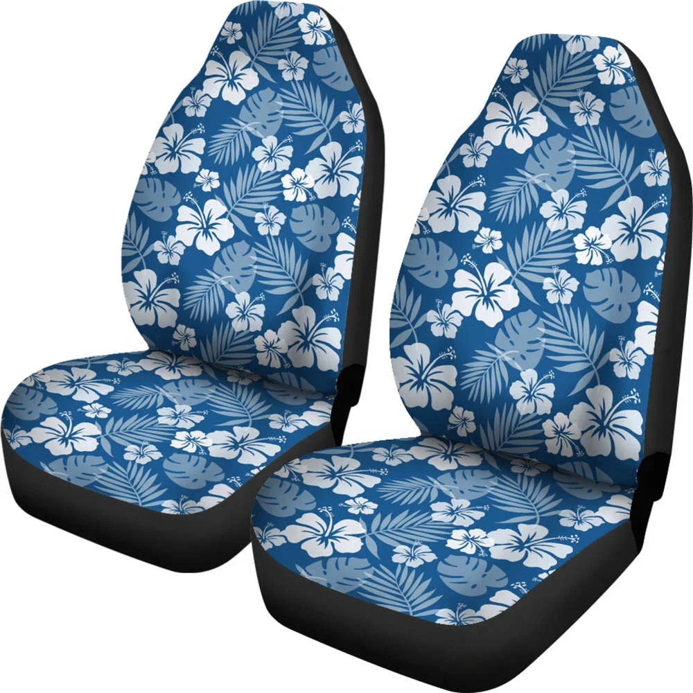 Hibiscus Car Seat Covers In Classic Blue and White Flowers Hawaiian Pa,Pack of 2 Universal Front Seat Protective Cover