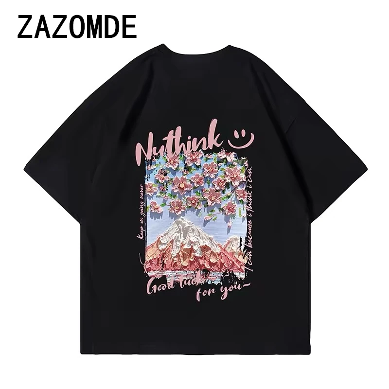 ZAZOMDE Man 100% Cottom Summer 260g T Shirts Cherry Blossom Snow Mountain Streetwear Printed Tees Casual Short Sleeve Tops