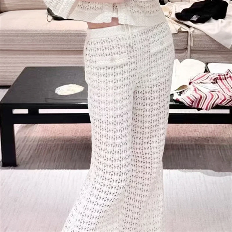 Women's New Fashion White Hollow-Out Knitted Flared Pants Crochet High-Waisted Pants