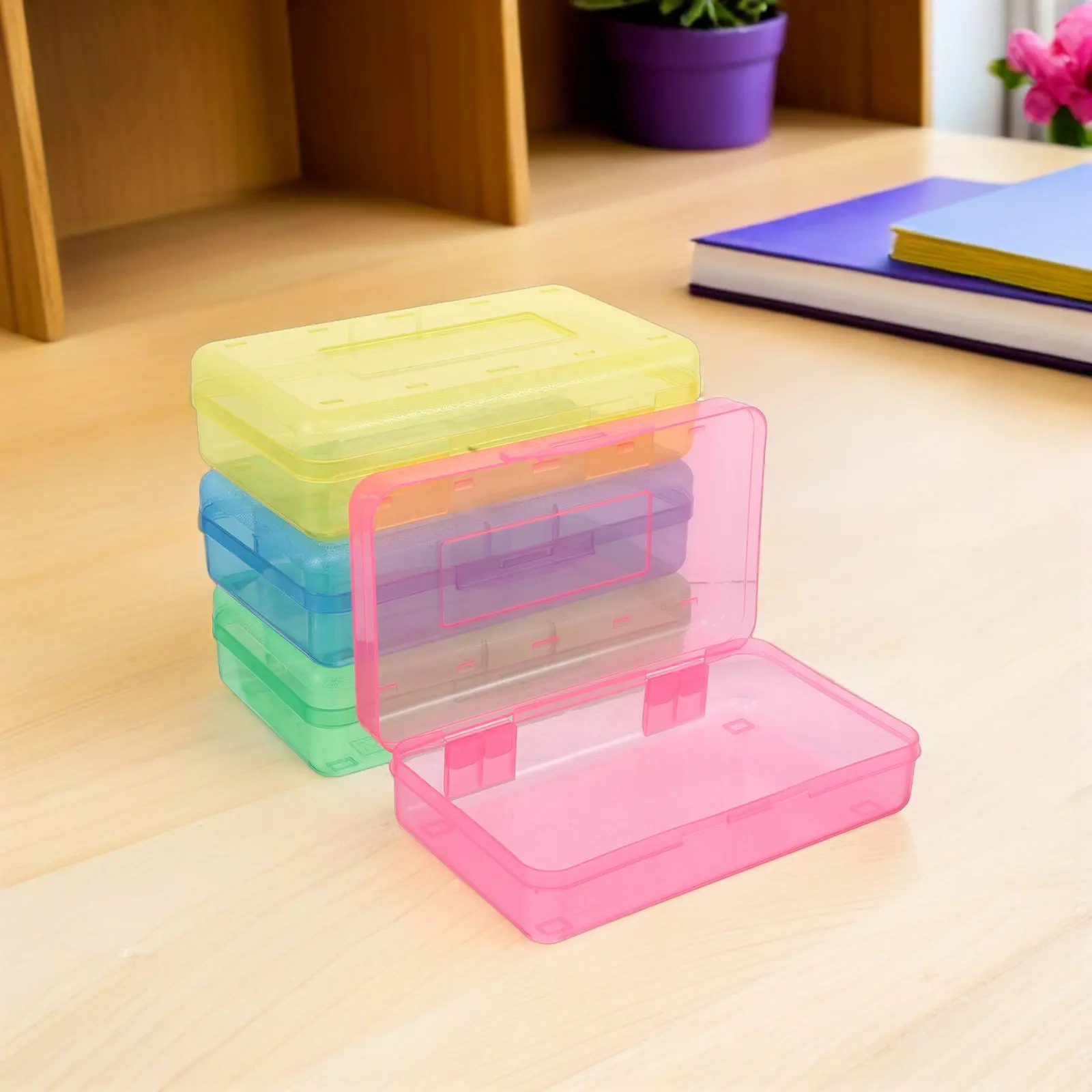 4Pcs Transparent Pencil Case Colored Plastic Pencil Box Large Capacity Snap Closure Stackable Pen Container for School Students