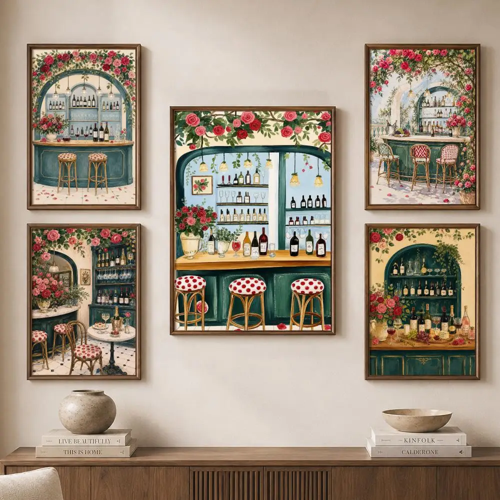 Vintage Floral Cocktail Bar Cafe Interior Romantic Evening Poster Modern Aesthetic Wall Art for Home Bar Cafe Bathroom Decor