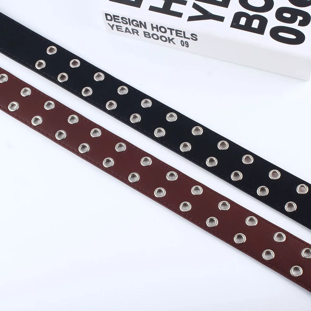 

For Women, Punk Style Waist Belt With Two Rows Holes Black Jeans Belt Sturdy Iron Buckle Vintage Fashion Accessory Gift
