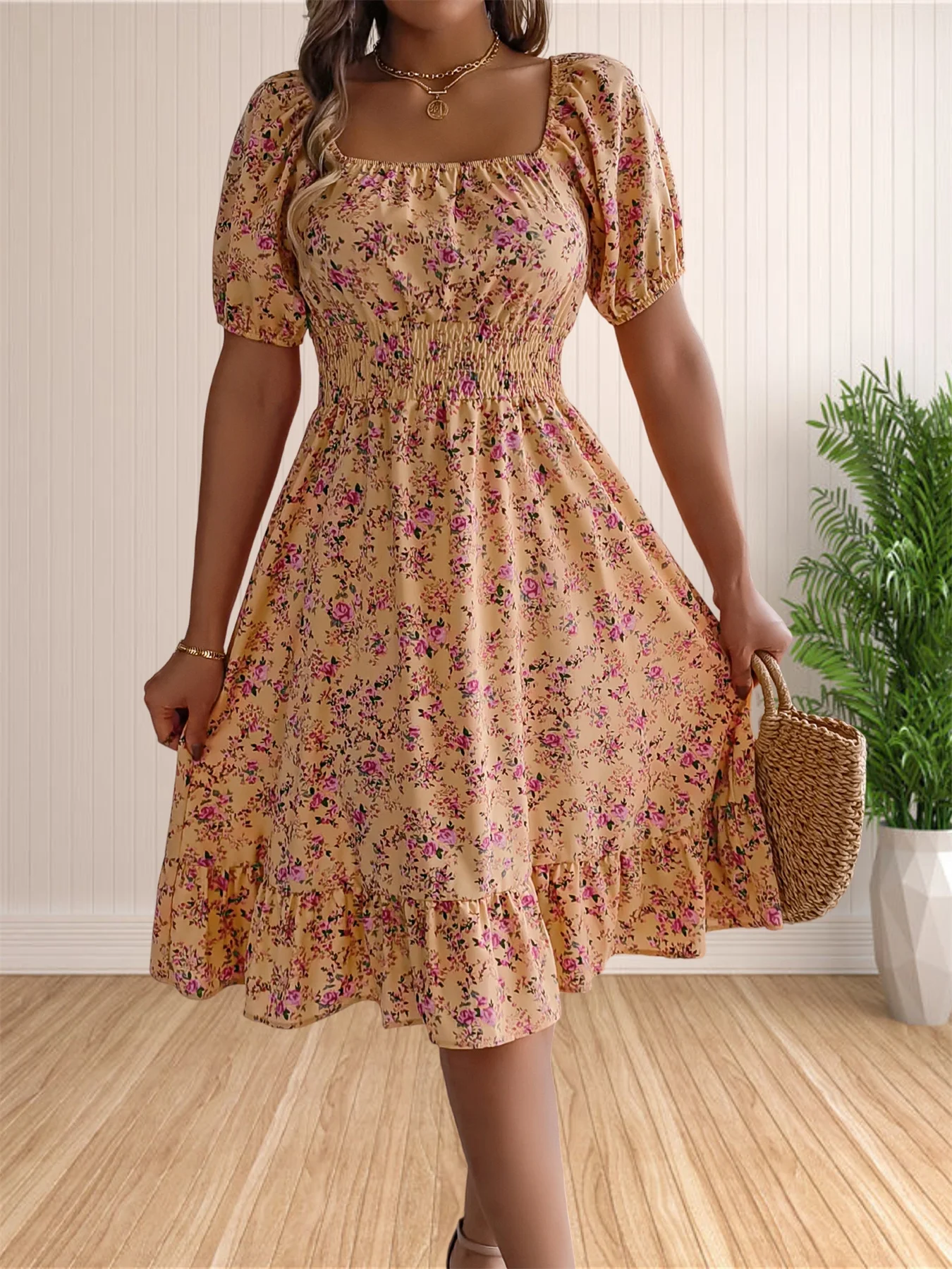Women\'s Floral Print Square Neck Puffy Short Sleeve Casual Summer Ruffle Swing Dresses