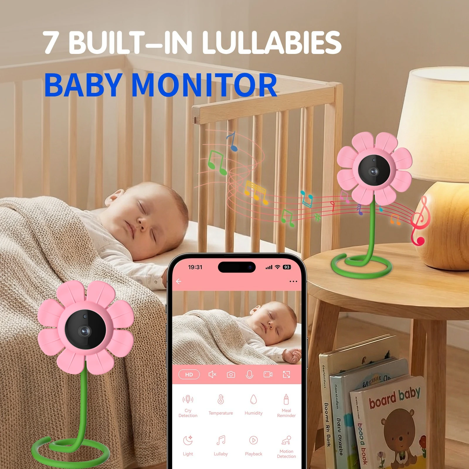 V1 flower Baby Monitor Camera WiFi Two-Way Audio Night Vision Motion Cry Detection Mobile App Control with Temperature Sensor