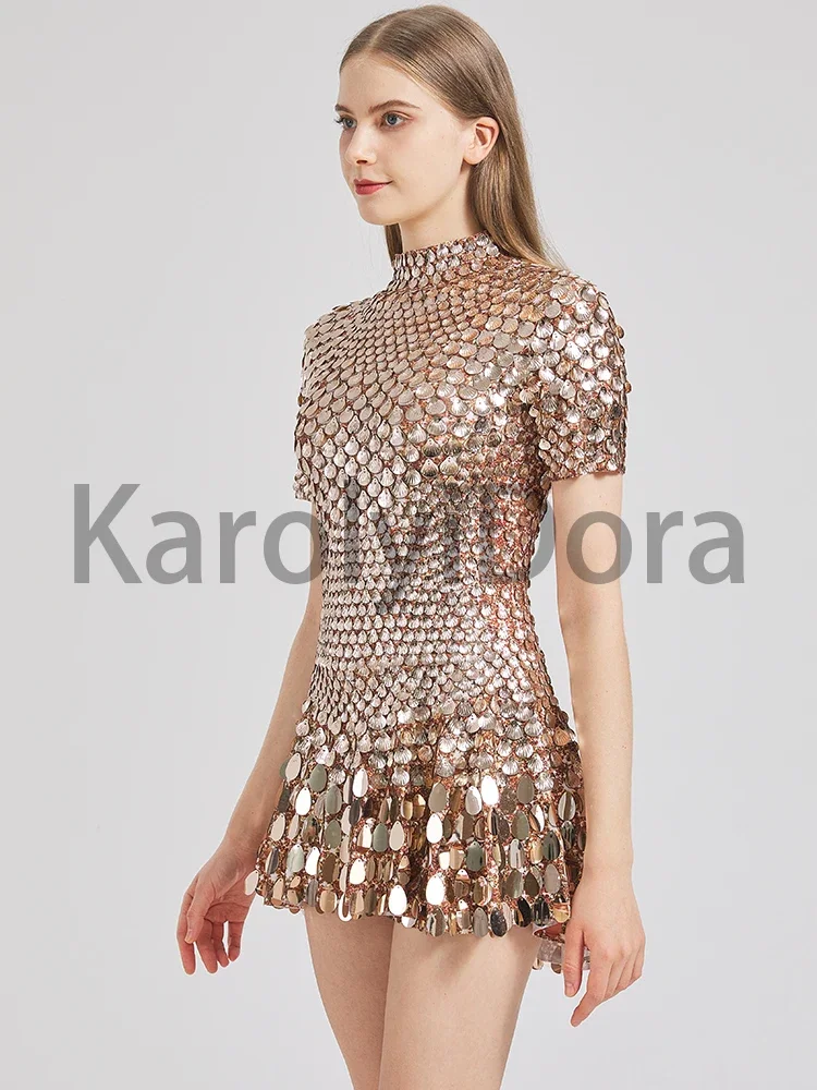 Sexy Khaki Shell Sequins Mini Dress Nightclub Dance High Quality Performance Clothing Bodysuit Birthday Red Luxury Dresses