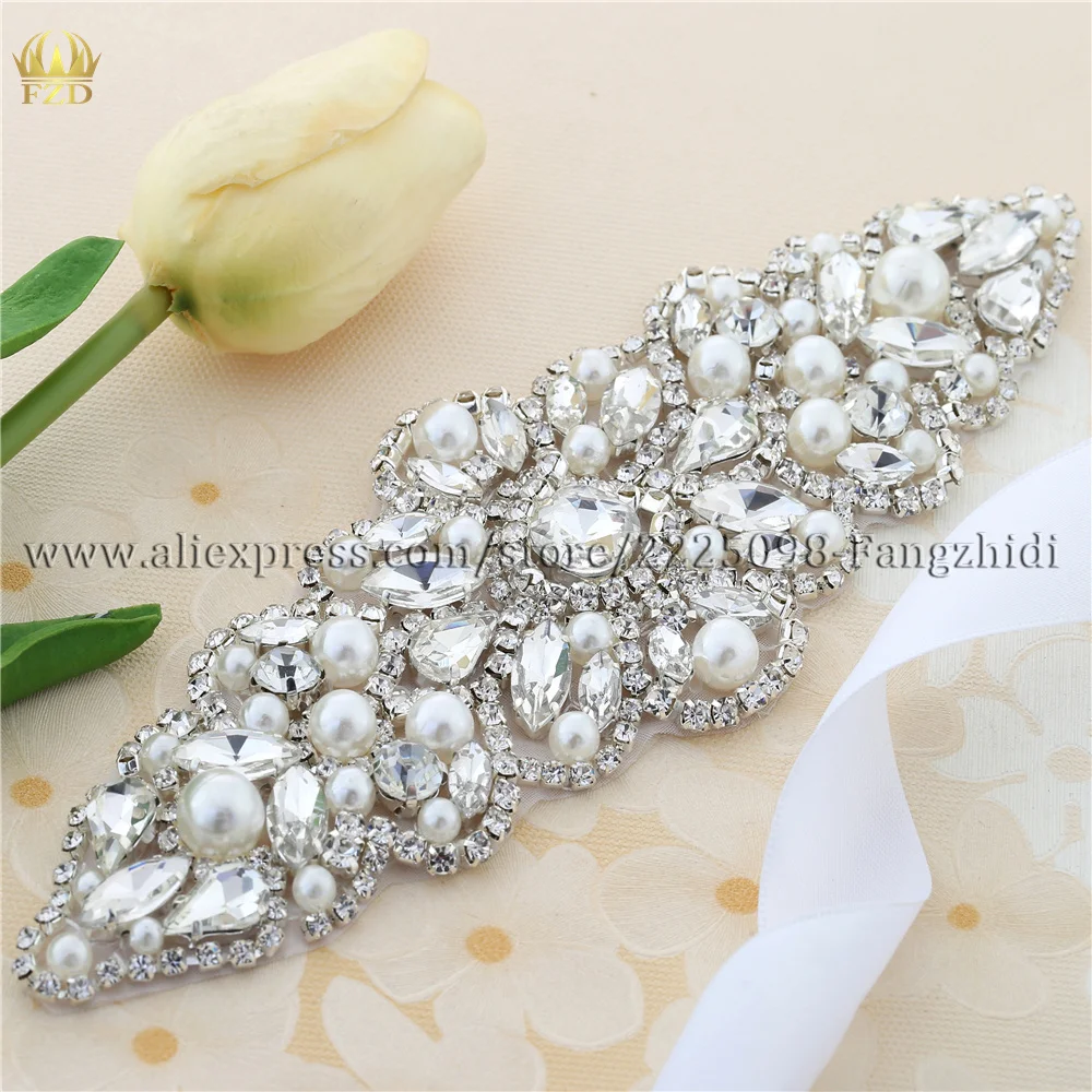 FZD (1PC) Silver Rhinestone Crystal Appliques Patch Iron on Silver Gold Hand Beaded Applique for Dress Shoe Accessory Sewn on