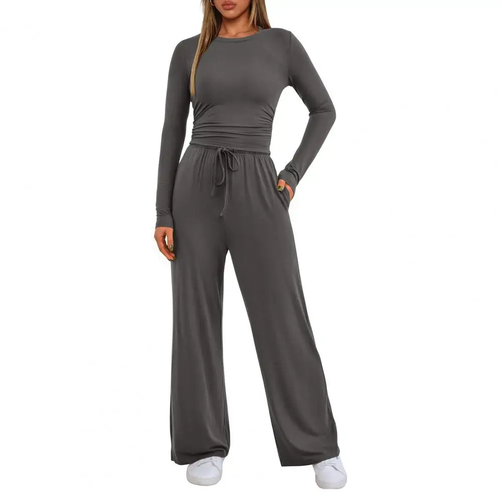 Women Two Piece Outfits Women’s Lounge 2-piece Set Crewneck Sweatshirt Elastic Waist Wide Leg Pants Solid Color for Women