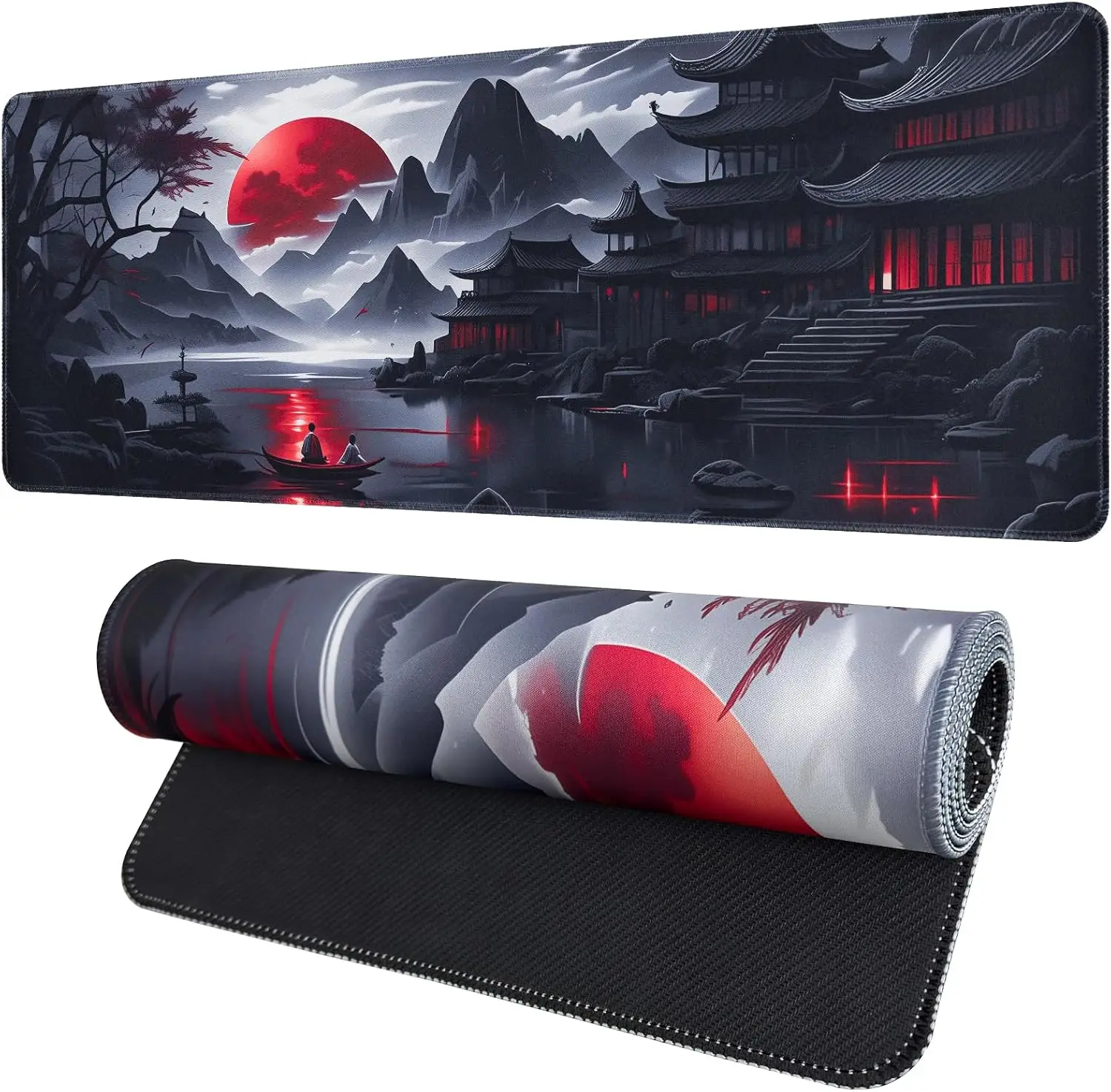 Japanisches Red Sun Temple Gaming-Mauspad, orientalischer Berg- und Seedruck, glatte Kante, rutschfeste Matte für Gamer, Büro, Zuhause, kabellos
