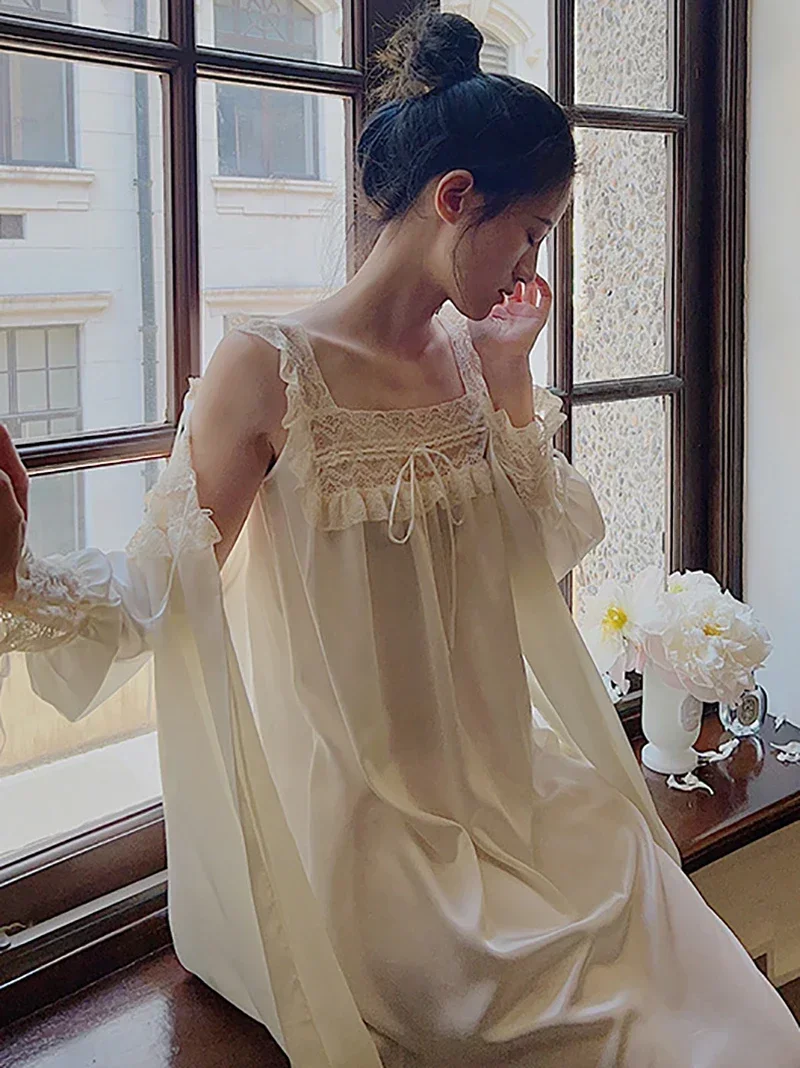 2024 Spring Summer New French Vintage Silk Princess Nightgown Lace Strap Two Piece Nightdress Morning Robe Victorian Sleepwear