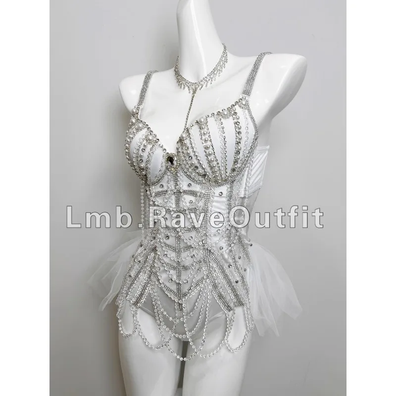 Customized Full Diamond Pearl Chain Nightclub Bar Female Singer Dj Electronic Syllable Clothing Turnpakjes Meisjes