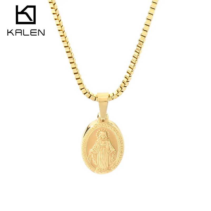Collar de Moda para Mujer con Colgante de Medalla Milagrosa de Acero Inoxidable, Cadena de Caja en Color Oro y Plata con Dije de la Virgen María, Joyería