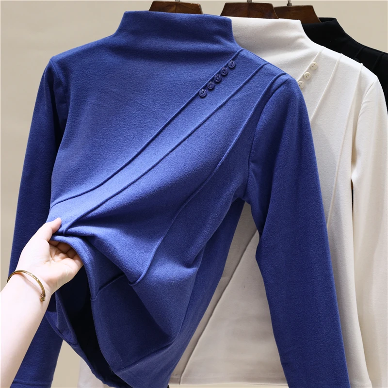 Elegant Long Sleeve Vintage Half High Collar Chic Asymmetrical Slim Top Office Lady High Street Autumn Winter Plus Size T-Shirts